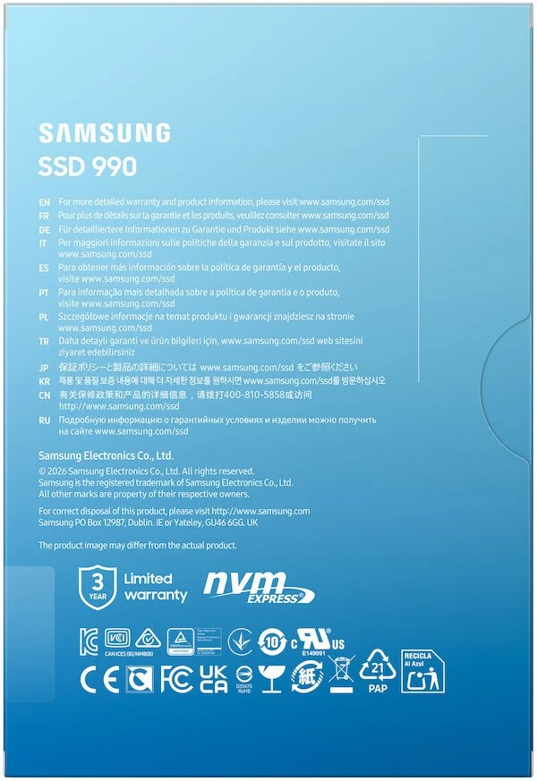 Samsung SSD | 990 | 1000 GB | SSD form factor M.2 2280 | Solid-state drive sąsaja PCIe 4.0 x4, NVMe 2.0 | Skaitymo greitis 7150 MB/s | Rašymo greitis 6450 MB/s