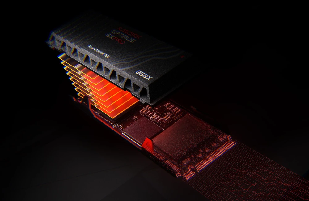 „SanDisk Optimus GX PRO 850X SSD“ diskas – SSD – užšifruotas – 2 TB – vidinis – M.2 2280 S3-M (M.2 2280 S3-M) – PCIE 4.0 x4 (NVME) – TCG Opal Encryption 2.01 – integruotas radiatorius (SDSP81200TAH-000E0)