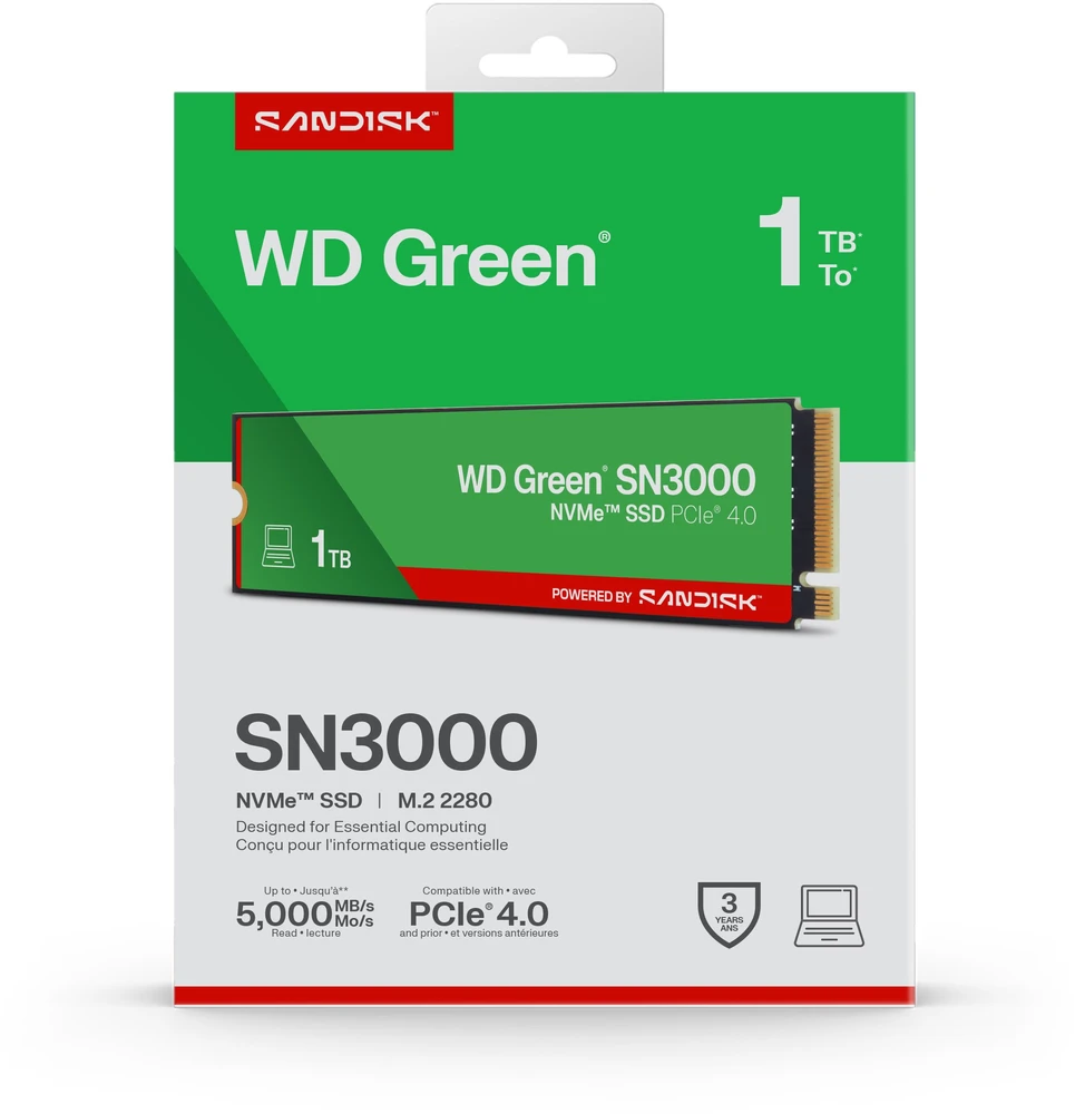 Dysk SSD SanDisk Žalias SN3000 1TB M.2 2280 PCI-E x4 Gen4 NVMe (WDS100T4G1E-00CPS0)
