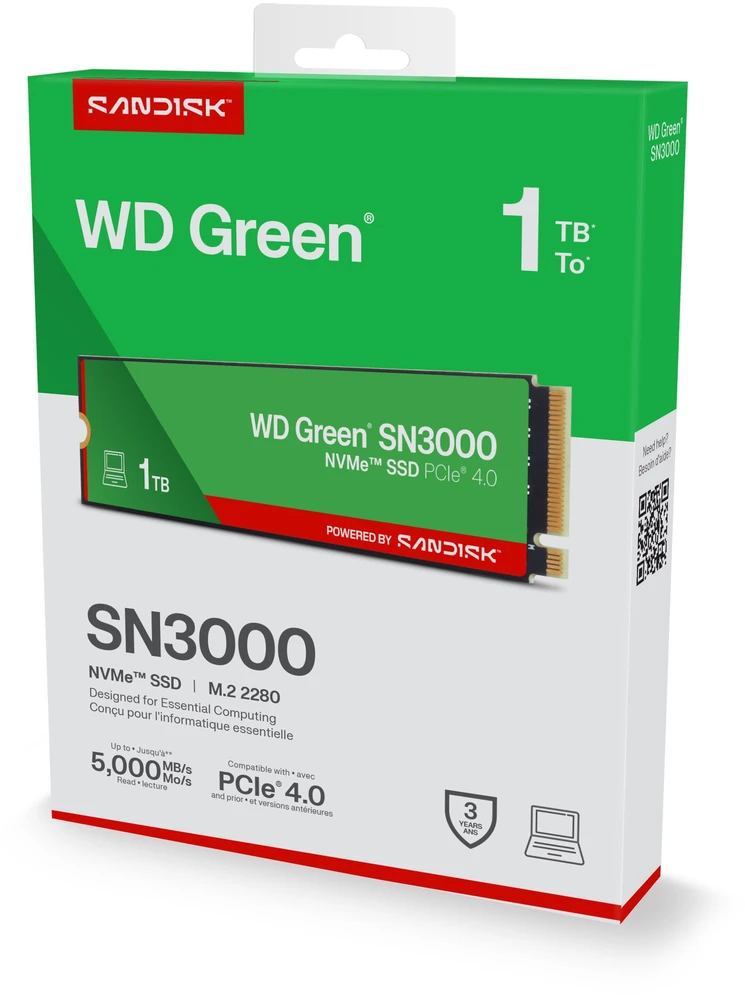 Dysk SSD SanDisk Žalias SN3000 1TB M.2 2280 PCI-E x4 Gen4 NVMe (WDS100T4G1E-00CPS0)