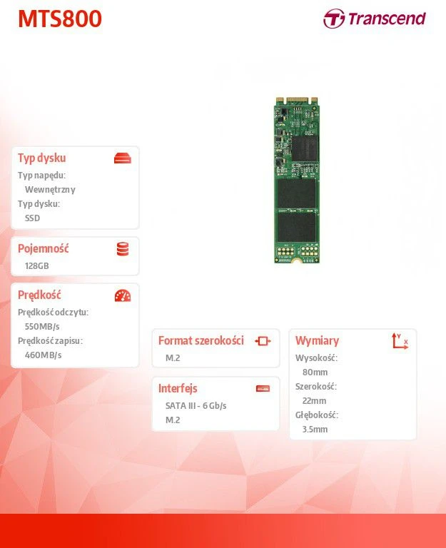 „Dysk“ SSD Transcend MTS800 128 GB M.2 2280 SATA III (TS128GMTS800)