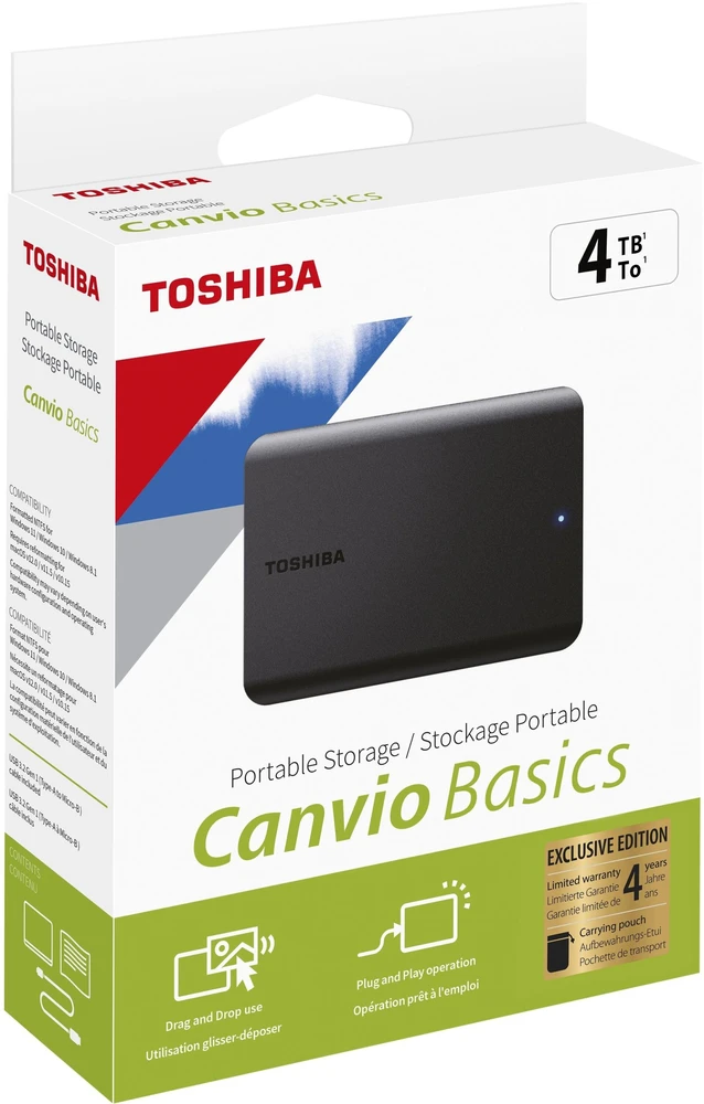 Toshiba Išorinis kietasis diskas Canvio Basics Excl (2.5" 4TB, USB3.2 Gen 1, Juodas)