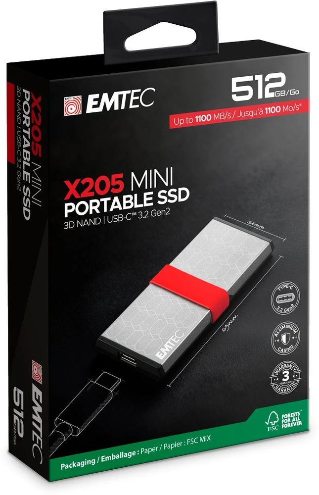 Kietasis diskas Emtec X205 Mini USB 3.2 Gen 2x2 512GB Sidabrinė išorinis SSD (ECSSD512GX205)