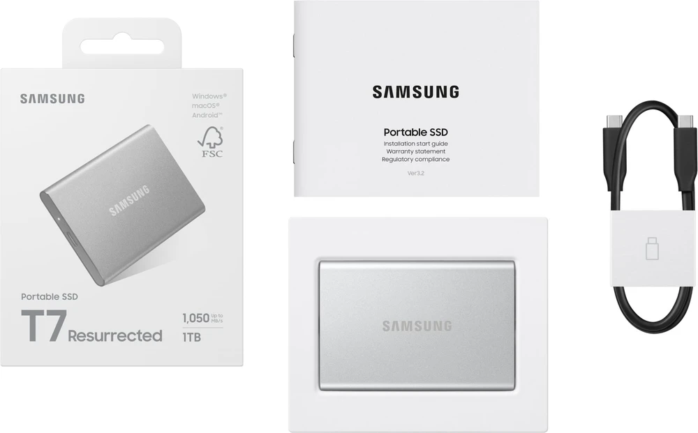 Kietasis diskas Nešiojamasis SSD diskas „Samsung T7 Resurrected 1TB“, kurio skaitymo sparta – 1050 MB/s, įrašymo sparta – 1000 MB/s.
