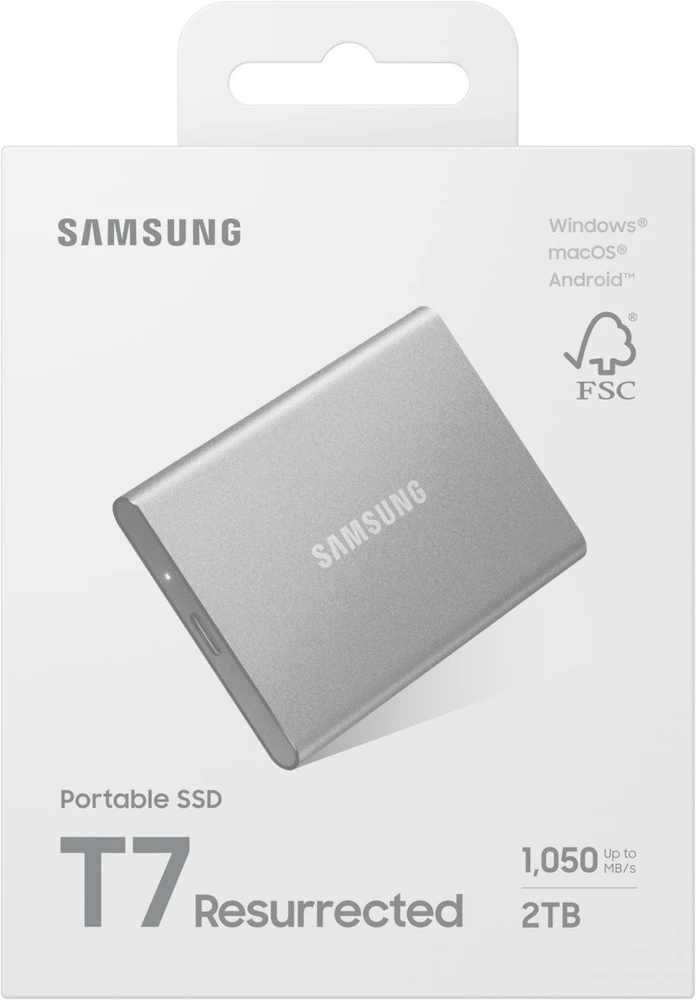Kietasis nešiojamasis SSD diskas Samsung T7 Resurrected 2TB“, 1050 MB/s skaitymo ir 1000 MB/s įrašymo sparta.