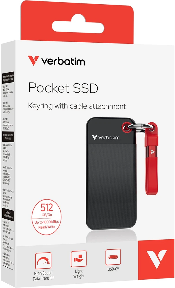 Kietasis diskas Dysk Zewnętrzny Verbatim Pocket SSD 512GB - Pakabutis do kluczy su kablem USB-C 3.2 gen.2 juodai-raudonas 32284