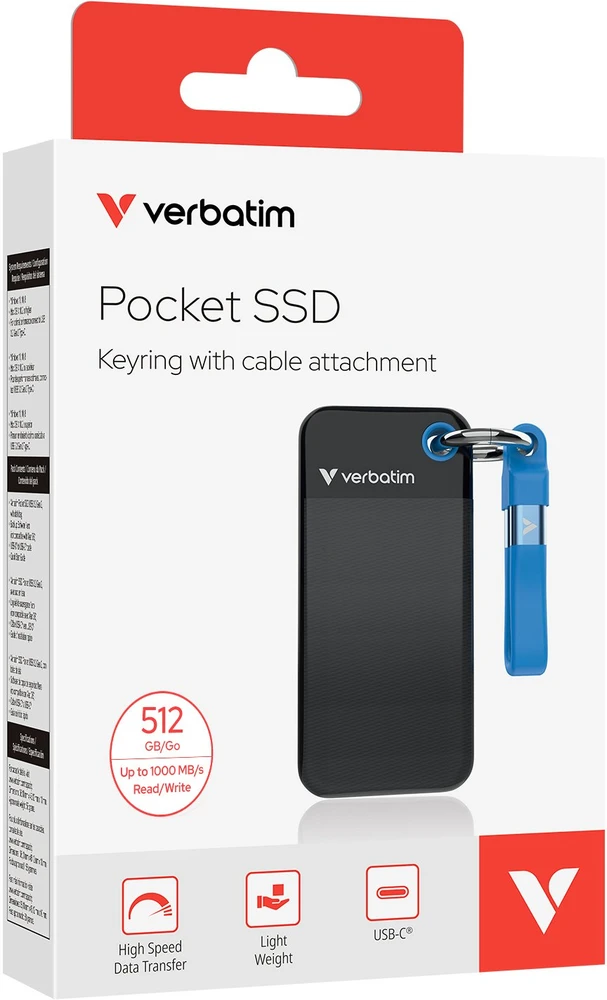 Kietasis diskas „Verbatim Pocket SSD 512GB“ išorinis diskas – raktų pakabutis su USB-C 3.2 gen.2 kabeliu juoda-mėlyna 32283