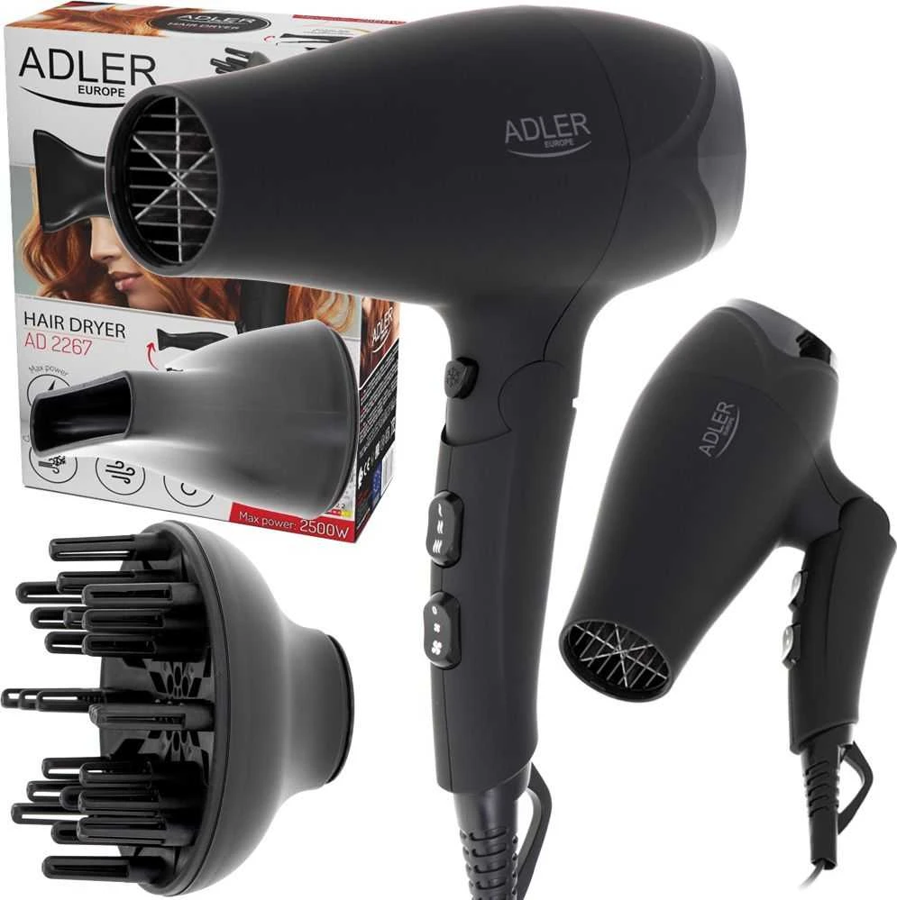 Adler | Plaukų džiovintuvas | AD 2267 | 2100 W | Number of temperature settings 3 | Diffuser nozzle | Juodas