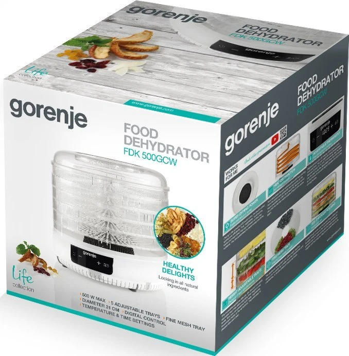Gorenje | Maisto džiovyklė | FDK500GCW | Galia 380 W | Dėklai: 5 | Integruotas laikmatis | Baltas