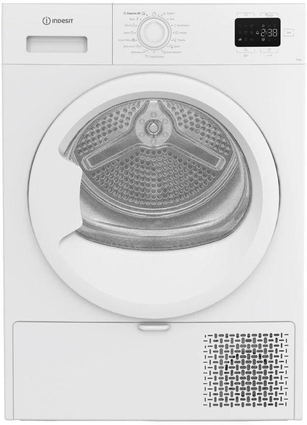 INDESIT džiovyklė | C YSD 72D WW EE | Energijos vartojimo efektyvumo klasė E | Priekinis pakraunamas | 7kg | Šilumos siurblys | Skaitmeninis | Gylis 54,5 cm | Baltas