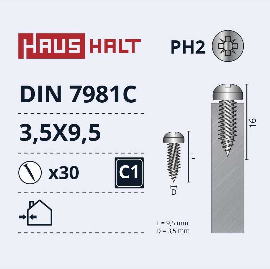 Savisriegiai Haushalt, DIN7981C, 3,5 x 9,5 mm, 30 vnt.