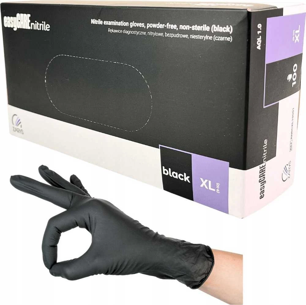 EasyCARE vienkartinės nitrilo pirštinės, be miltelių, nesterilios, juodos, XL dydis, 100vnt.