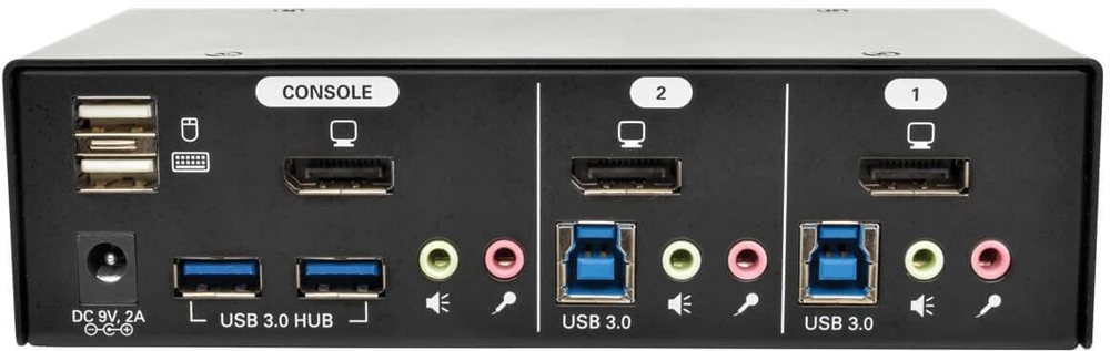„Tripp Lite“ serijos Eaton Eaton 2 prievadų „DisplayPort KVM“ komutatorius su garsu, kabeliais ir USB 3.0 „SuperSpeed“ šakotuvu - KVM / garso / USB komutatorius - 2 x KVM / garso / USB - 1 lokalizatorius „Benutzer“ - Stalinis kompiuteris