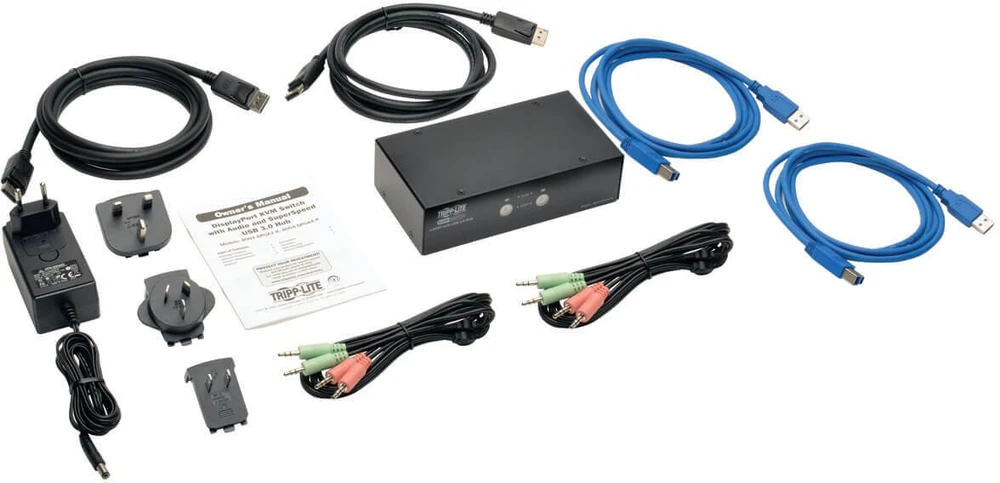„Tripp Lite“ serijos Eaton Eaton 2 prievadų „DisplayPort KVM“ komutatorius su garsu, kabeliais ir USB 3.0 „SuperSpeed“ šakotuvu - KVM / garso / USB komutatorius - 2 x KVM / garso / USB - 1 lokalizatorius „Benutzer“ - Stalinis kompiuteris