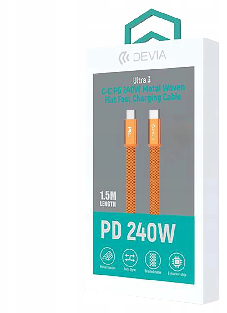 Devia Ultra3 USB-C PD 240W metalinis pintas plokščias greitojo įkrovimo laidas 1,5 m oranžinis