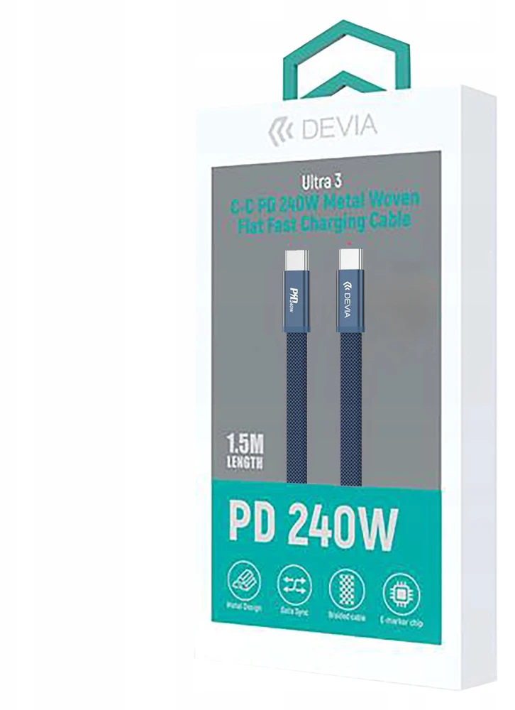 Devia Ultra3 USB-C PD 240W metalinis pintas plokščias greitojo įkrovimo laidas 1,5 m mėlynas