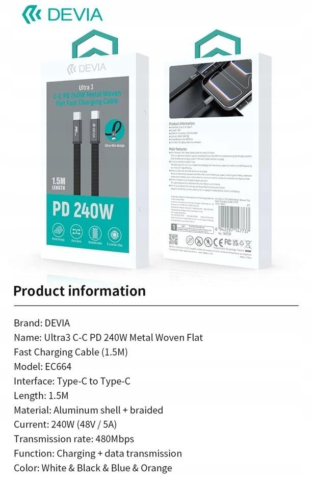 Devia Ultra3 USB-C PD 240W metalinis pintas plokščias greitojo įkrovimo laidas 1,5 m baltas