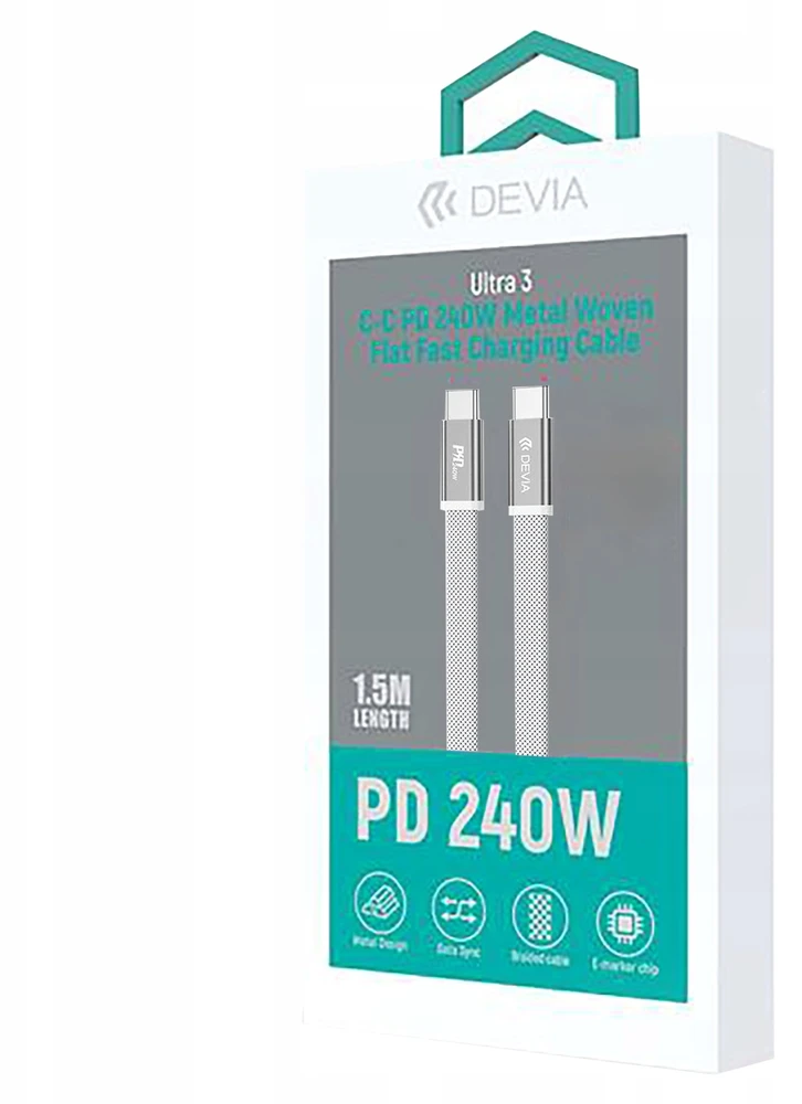 Devia Ultra3 USB-C PD 240W metalinis pintas plokščias greitojo įkrovimo laidas 1,5 m baltas