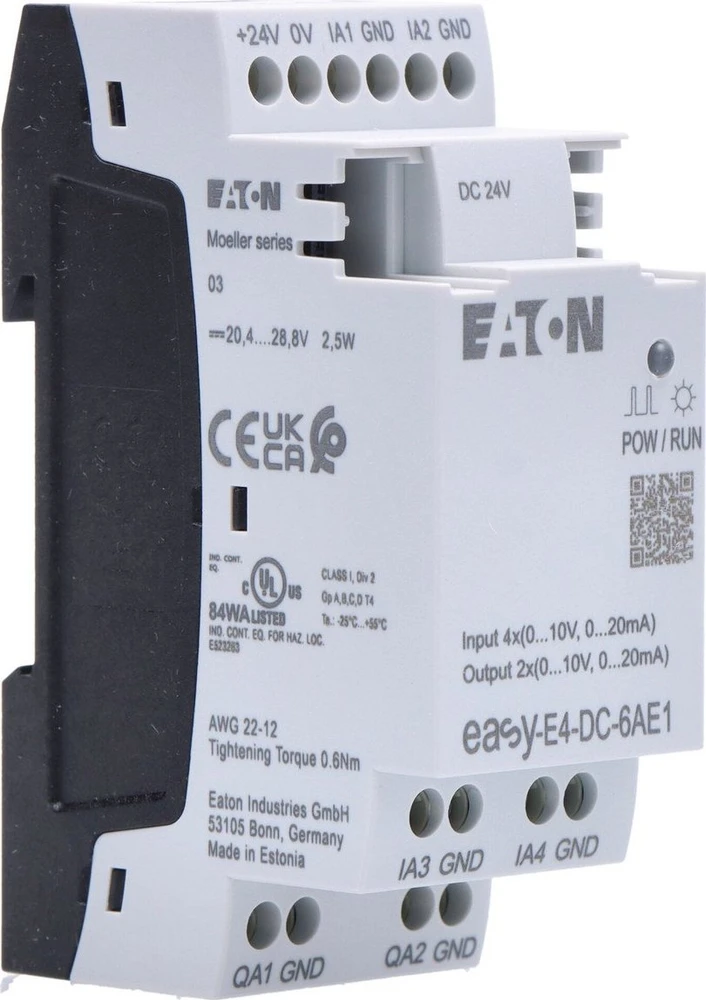 Eaton EASYE4, ROZ, 24 V nuolatinės srovės, 4AI, 2AO (0/4–20 mA/0–10 V)