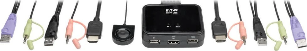 Eaton Eaton „Tripp Lite“ serijos 2 prievadų USB/HD kabelinis KVM komutatorius su garso/vaizdo, kabelių ir USB periferinių įrenginių bendrinimu - KVM/garso/USB komutatorius - 2 x KVM/garso/USB - 1 vietinis Benutzer - Stalinis