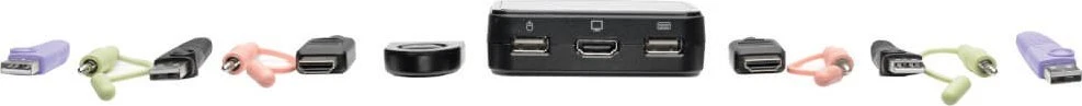 Eaton Eaton „Tripp Lite“ serijos 2 prievadų USB/HD kabelinis KVM komutatorius su garso/vaizdo, kabelių ir USB periferinių įrenginių bendrinimu - KVM/garso/USB komutatorius - 2 x KVM/garso/USB - 1 vietinis Benutzer - Stalinis