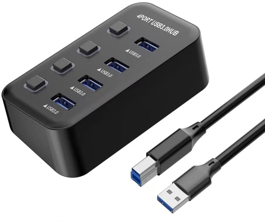 PREMIUMCORD Hub USB 3.2, 4 prievadų su prievadų jungikliais, 5G SuperSpeed, juoda