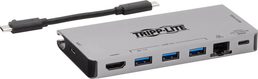 „Eaton Tripp Lite“ USB-C dokas – 4K HDMI, USB 3.2 Gen 1, USB-A šakotuvas, GbE, atminties kortelė, 100 W PD įkrovimas, nuimamas laidas