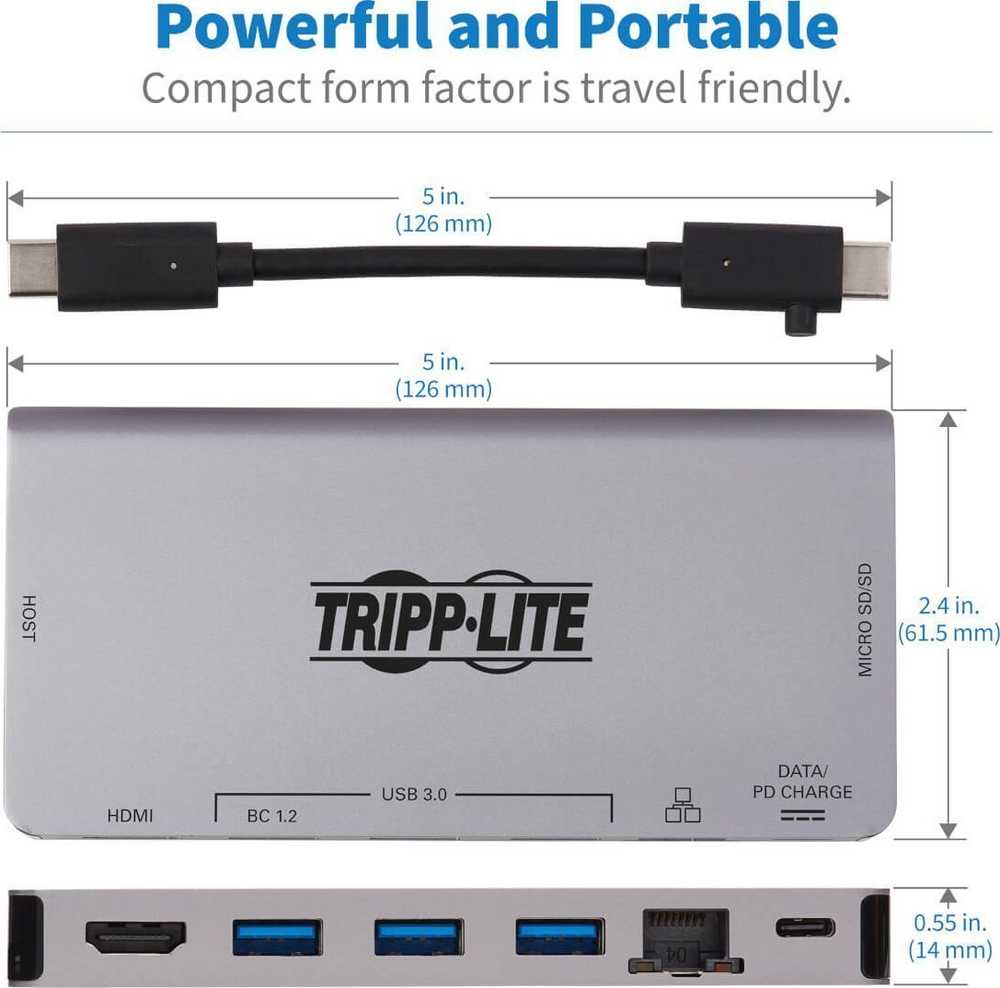 „Eaton Tripp Lite“ USB-C dokas – 4K HDMI, USB 3.2 Gen 1, USB-A šakotuvas, GbE, atminties kortelė, 100 W PD įkrovimas, nuimamas laidas