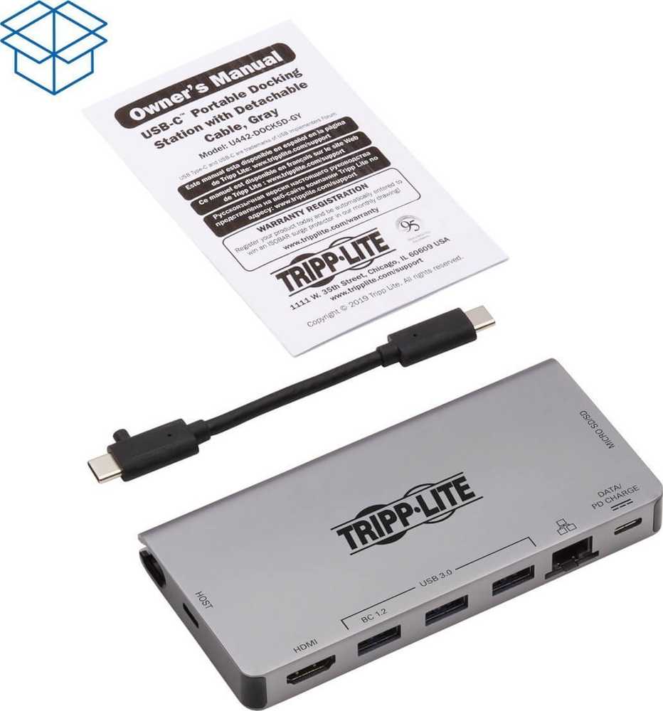 „Eaton Tripp Lite“ USB-C dokas – 4K HDMI, USB 3.2 Gen 1, USB-A šakotuvas, GbE, atminties kortelė, 100 W PD įkrovimas, nuimamas laidas