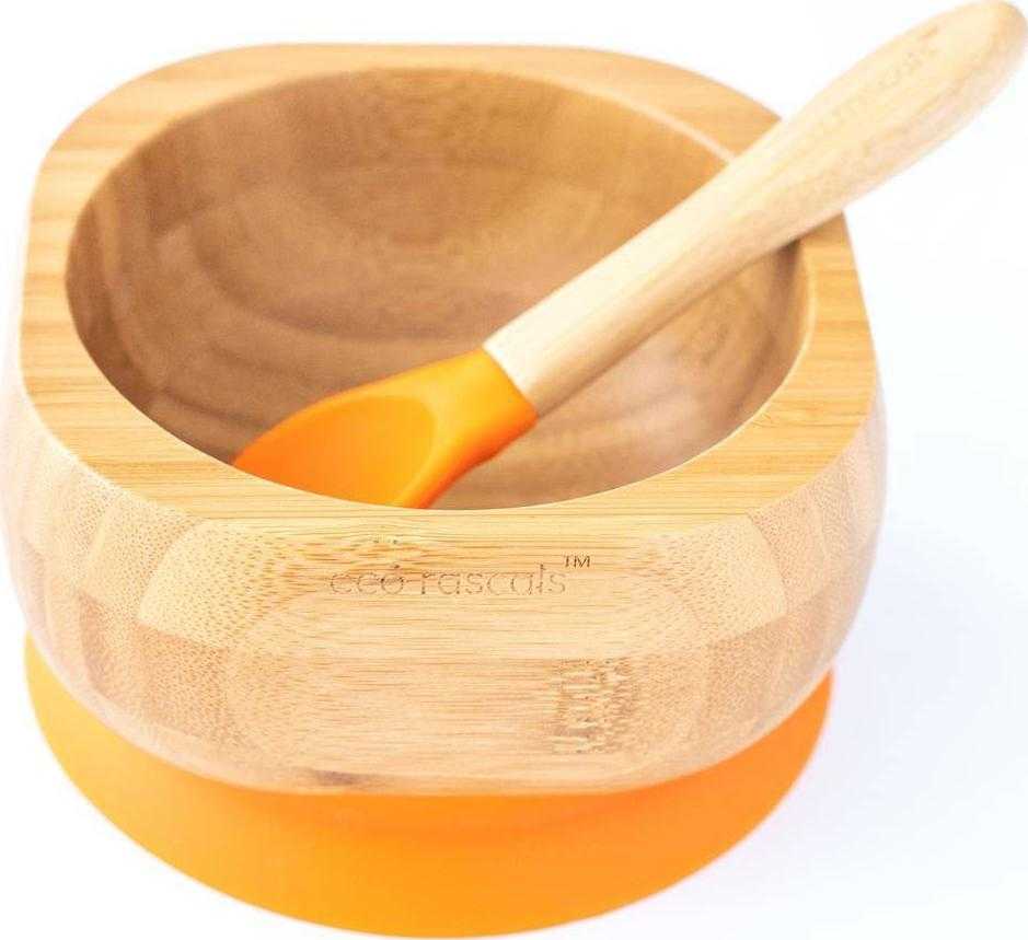 Eco Rascals Bambukinių vaikiškų indų rinkinys (dubenėlis ir šaukštelis), spalva: oranžinė