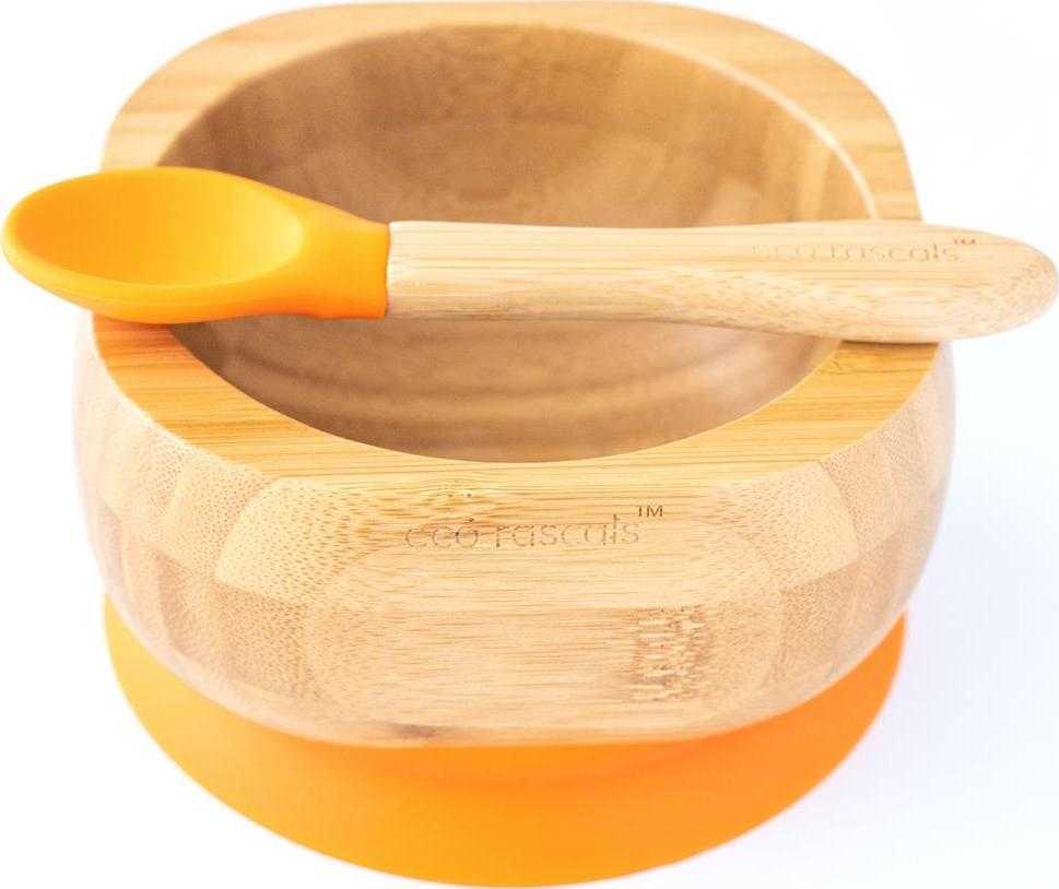 Eco Rascals Bambukinių vaikiškų indų rinkinys (dubenėlis ir šaukštelis), spalva: oranžinė