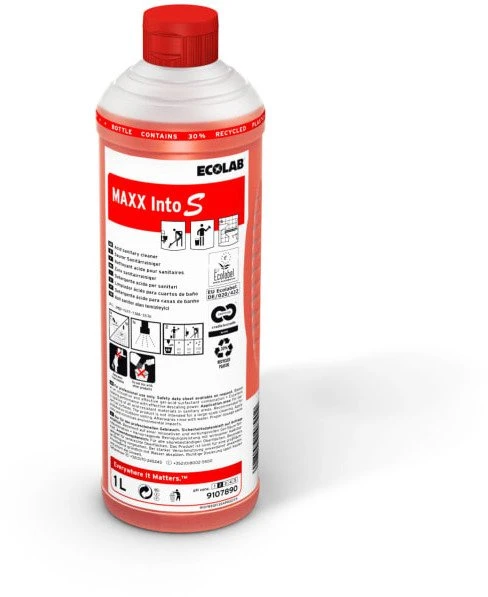 Sanitarinių patalpų valiklis, „Ecolab MAXX Into S“, 1 l, rūgštinis / kalkių nuosėdų inhibitorius