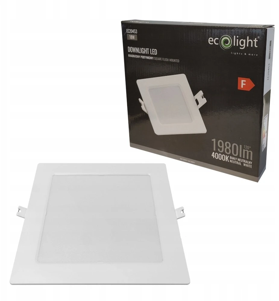 Ecolight Downlight šviestuvas P/T kvadratinis 18W 1980lm 4000K IP20 baltas DL-1 EC20453