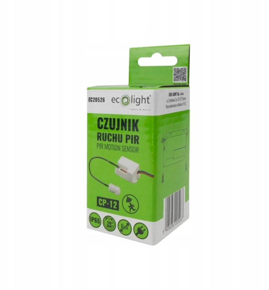 Ecolight PIR judesio jutiklis IP65 360 laipsnių 800 W, 6 m diapazonas su išoriniu zondu, baltas CP-12
