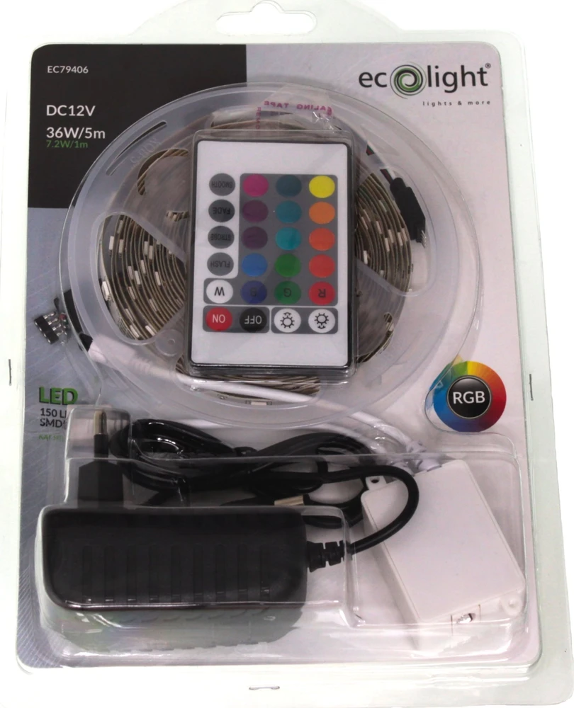 ECOLIGHT2 Ecolight EC79406 LED juostelių rinkinys LED juosta 5050 5m su RGB valdikliu ir 12V maitinimo šaltiniu