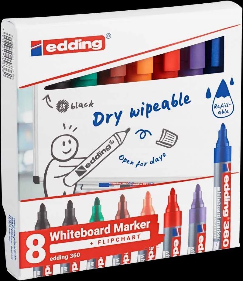 Žymeklių baltai lentai rinkinys Edding 360, 1.5-3mm, apvaliu galiuku, 8 spalvos