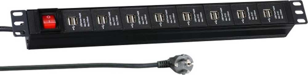 EFB EFB 48,26 cm 19 colių 1U maitinimo blokas 16 x USB A su jungikliu juodas maitinimo kabelis 3 m kiekvienas 2,1 A per 2 prievadus