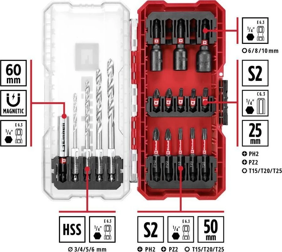 „Einhell“ įrankių rinkinys ANTGALIŲ IR LIZDŲ RINKINYS 18Vnt. 1/4" S-CASE 49108709