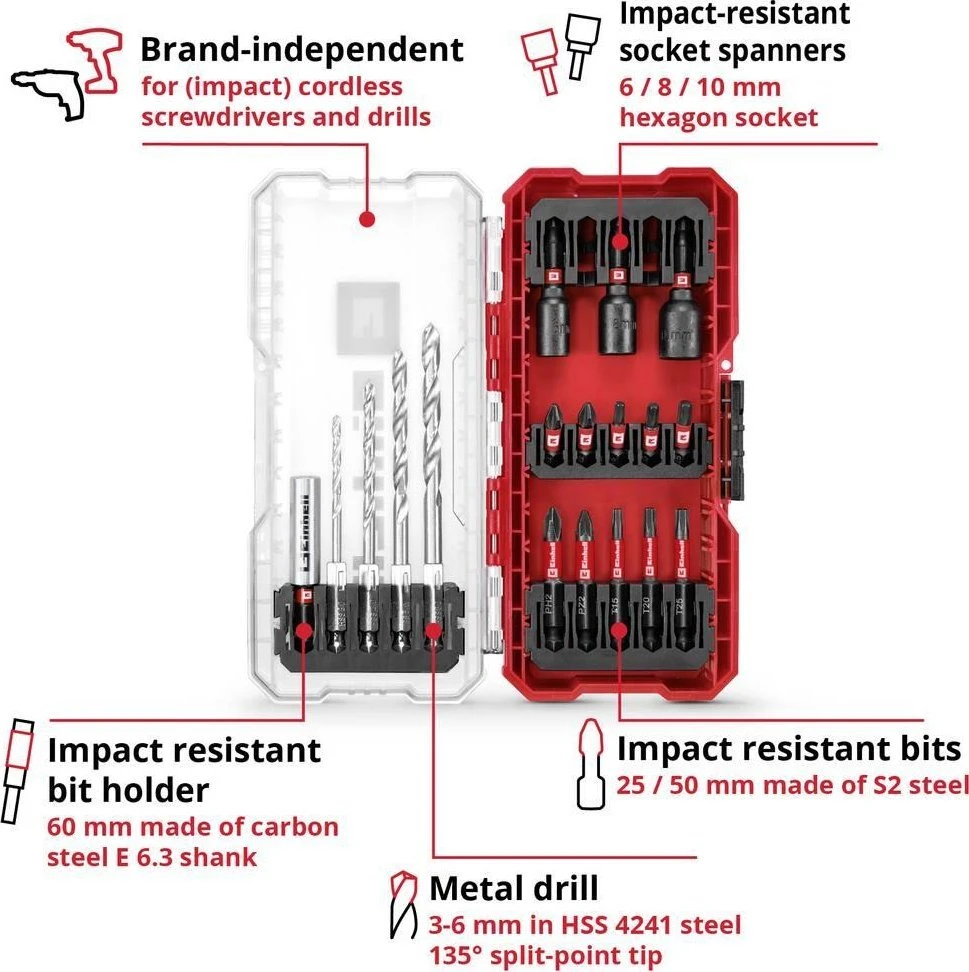 „Einhell“ įrankių rinkinys ANTGALIŲ IR LIZDŲ RINKINYS 18Vnt. 1/4" S-CASE 49108709