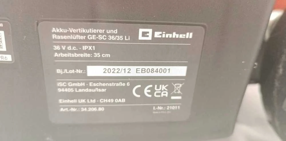 Akumuliatorinis aeratorius/skarifikatorius Einhell GE-SC 36/35 Li - Solo; 2x18 V (be akumuliatoriaus ir pakrovėjo)