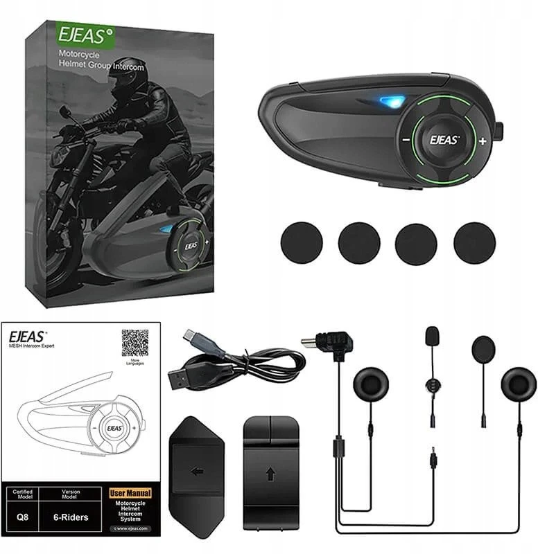 EJEAS Q8 Mesh 3.0 motociklo domofonas Efektyvus bendravimas 6 žmonėms 1000m² 230h