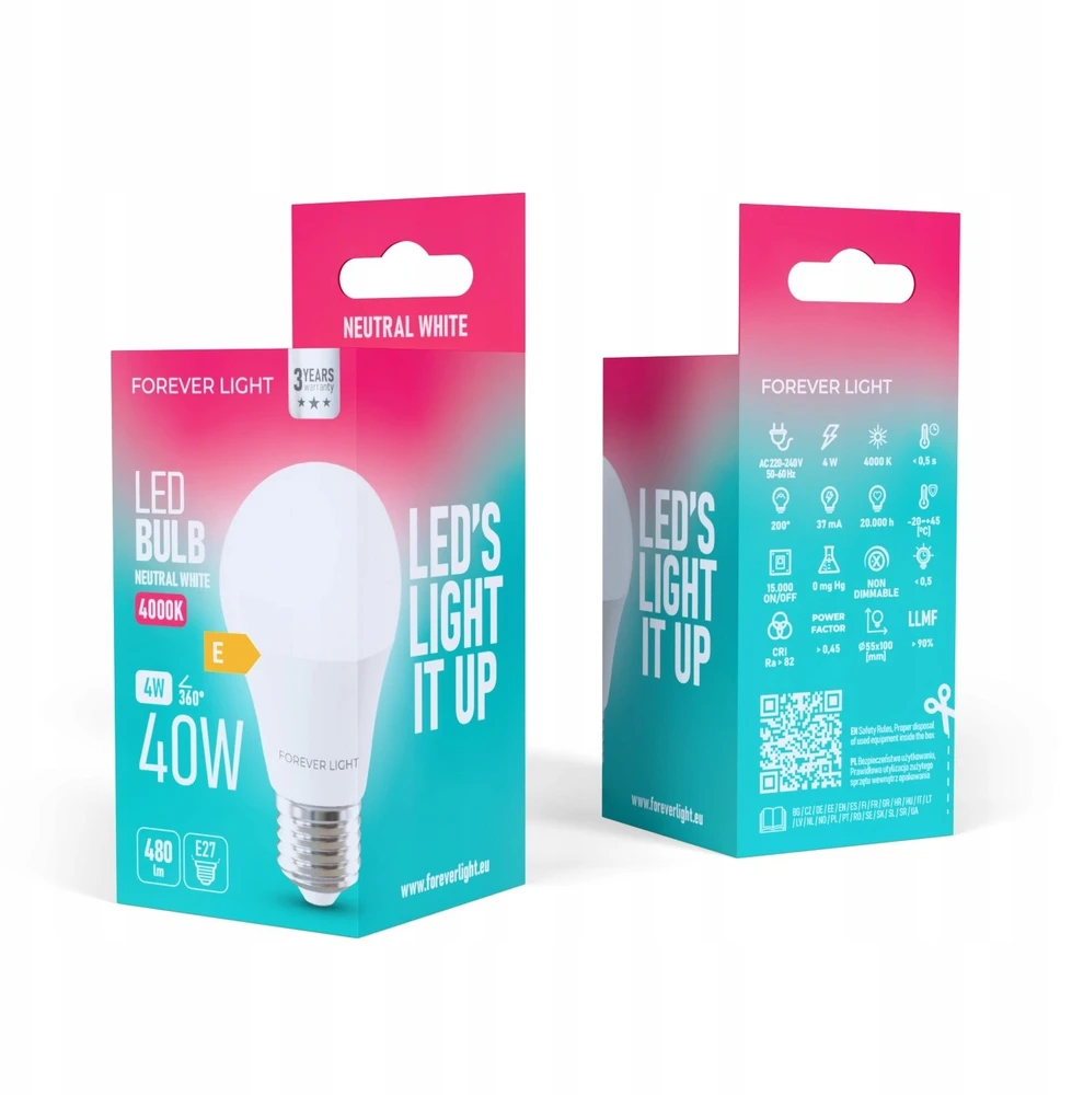 Eko Light „Telforceone Forever Light“ LED lemputė E27 A55 4W 480lm 4000K E klasė