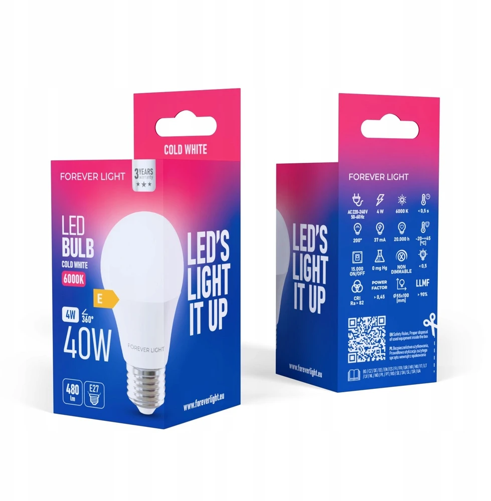 Eko Light „Telforceone Forever Light“ LED lemputė E27 A55 4W 480lm 6000K E klasė