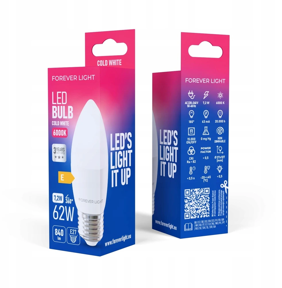 Eko Light „Telforceone Forever Light“ LED lemputė E27 C37 7,2 W 840 lm 6000 K, E klasė