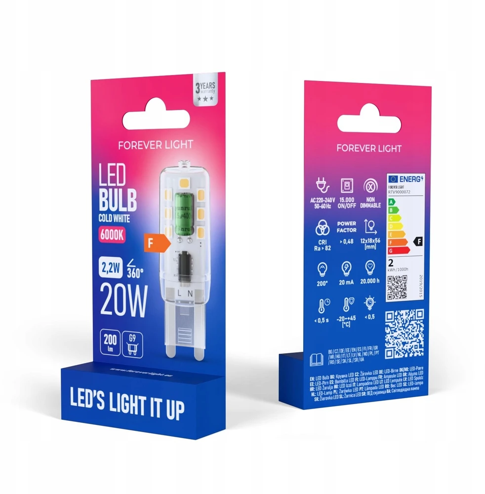 Eko Light „Telforceone Forever Light“ LED lemputė G9 2,2 W 200 lm 6000 K, F klasė