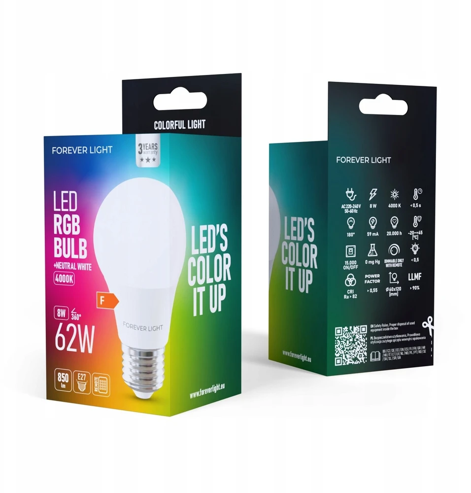Eko Light Telforceone Forever Light LED Bulb RGB E27 A60 8W 850lm 4000K class F