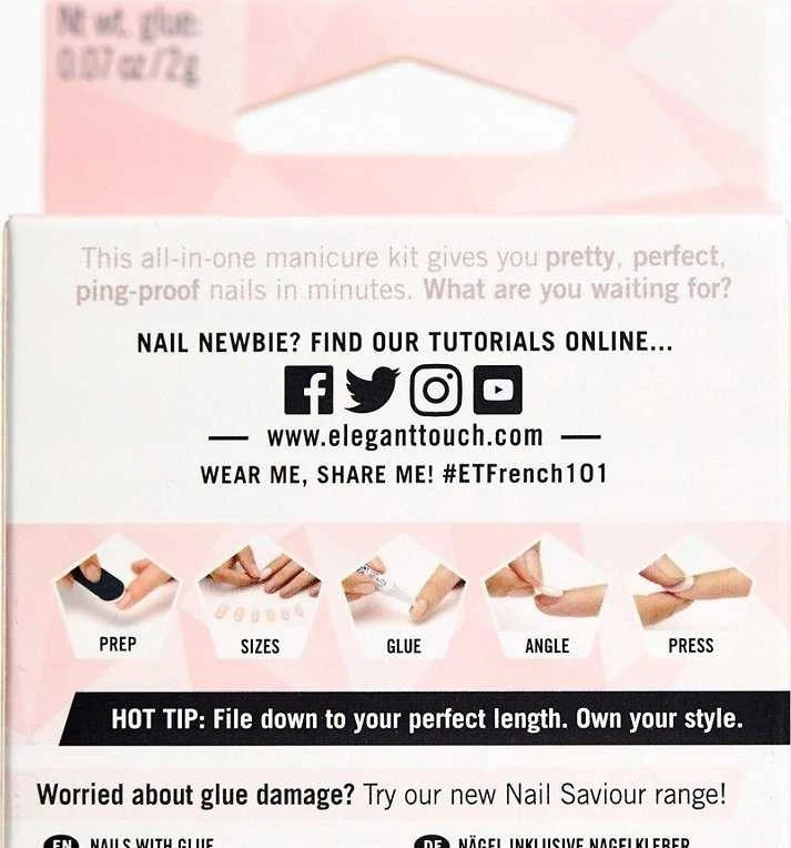 Rinkinys „Elegant Touch“ natūralių prancūziškų kvadratinių dirbtinių nagų priauginimui „Bare 101“, vidutinio dydžio, 24 vnt.