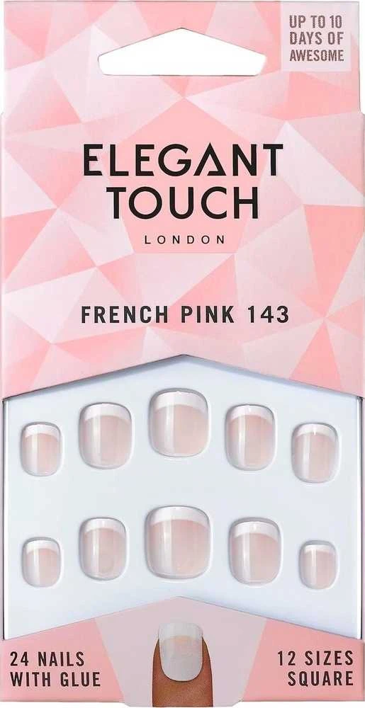 Rinkinys „Elegant Touch“ natūralių prancūziškų kvadratinių dirbtinių nagų Rožinė 143 Petite (XS), 24 vnt.