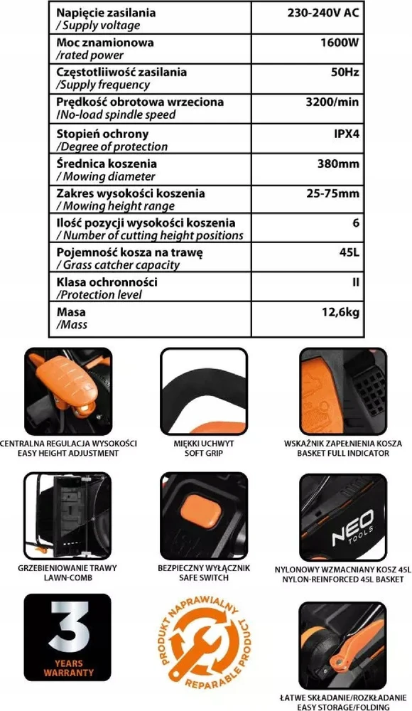 Neo Tools Vejapjovė 1600W 380 mm, kosz 45L