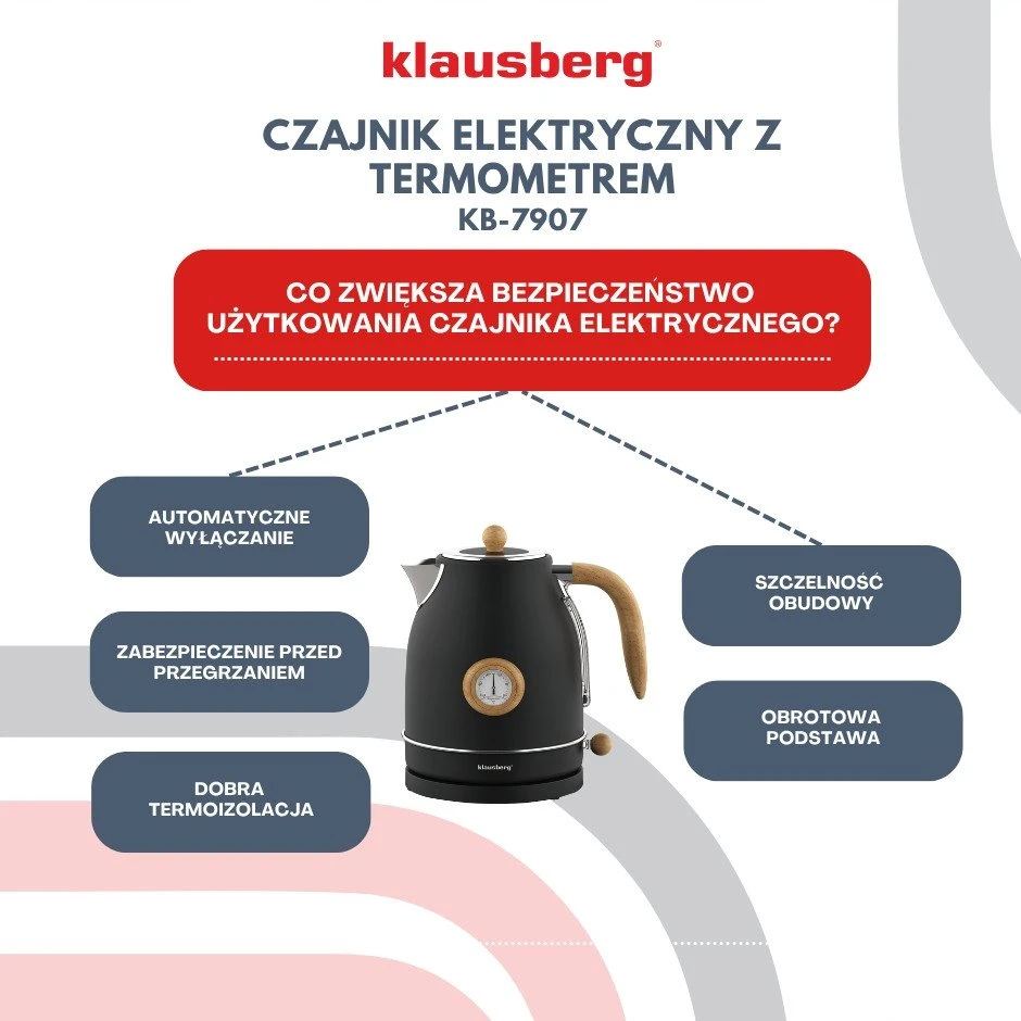 Virdulys, Elektrinis virdulys su termometru, nerūdijančio plieno, juodas su mediena, 1,7 l, 1850–2200 W, klausberg, kb-7907